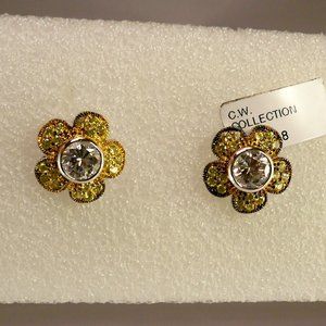 New Vintage Charles Winston Flower Bezel Cubic Zirconia Gold Silver Earrings